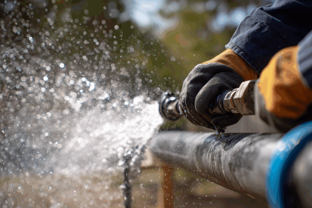 Water spraying from outdoor pipe